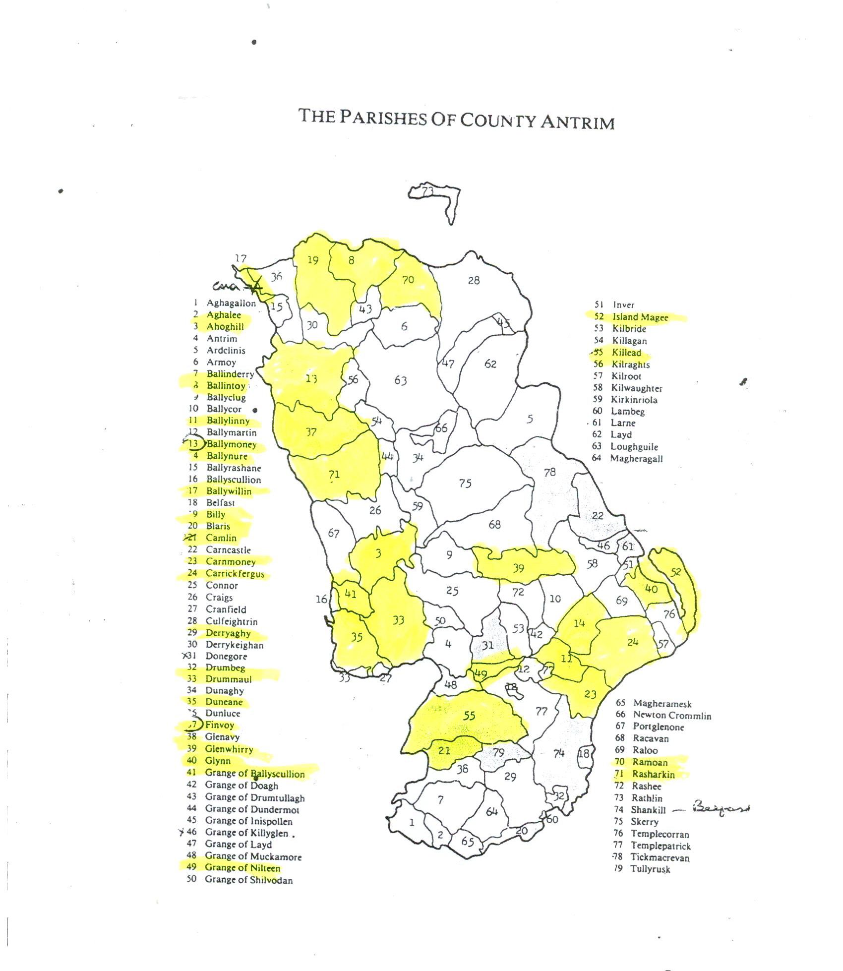 IRELAND MAP: Co Antrim Parishes | Gillespie Family History Library ...