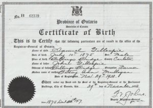 BIRTH CERTIFICATE: Sam Gillespie, Carleton Co, Ontario | Gillespie ...