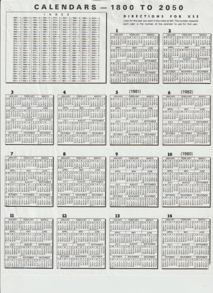 Perpetual Calendar 1800 To 2050 