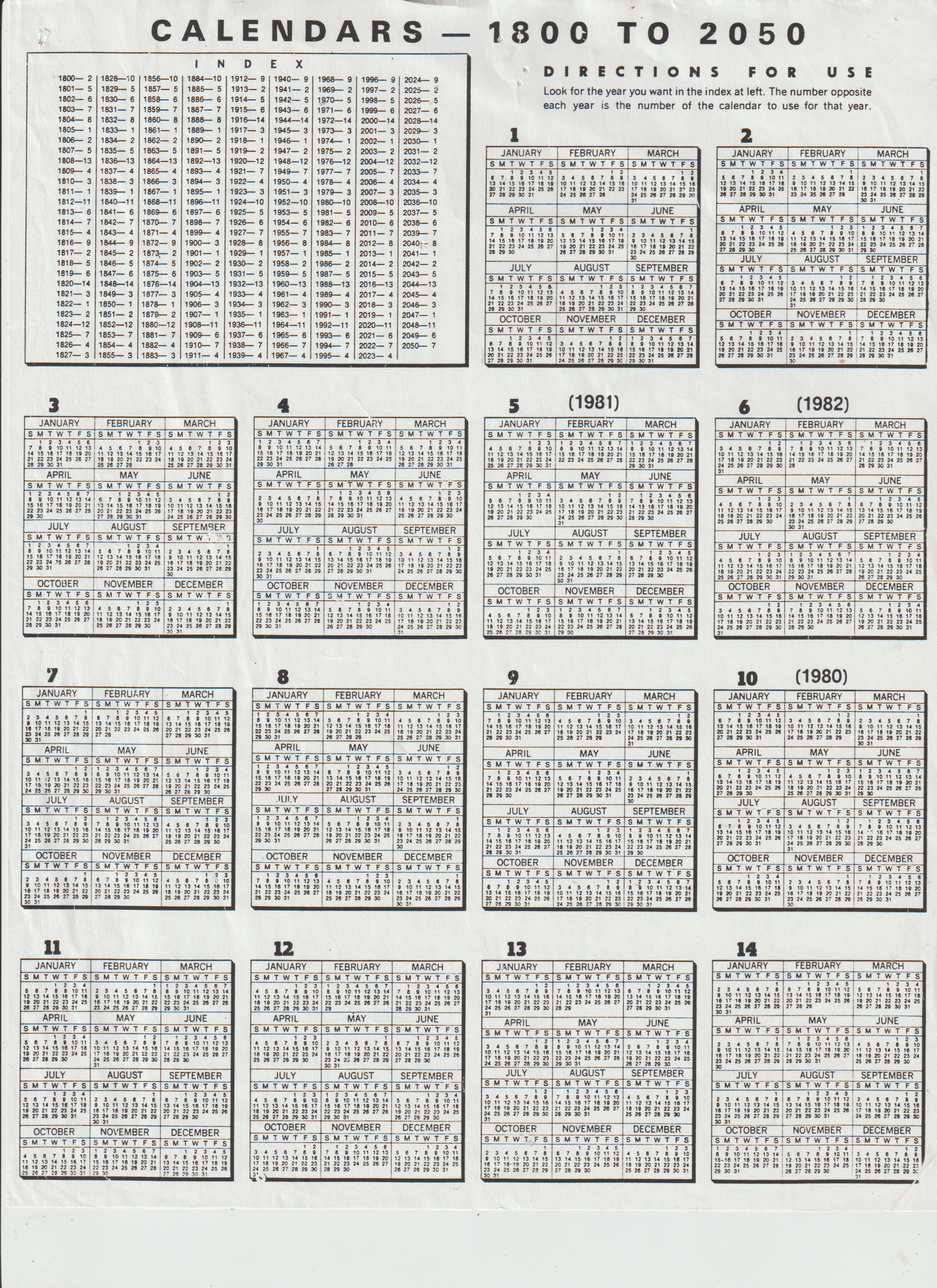 Calendars 1800 to 2050